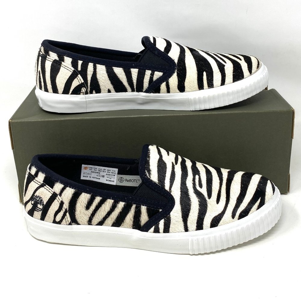 Timberland BX2 WOMEN SKYLA BAY SLIP ON ZEBRA LEATHER Black White TB 0A2GW6 BX2 - Picture 1 of 10